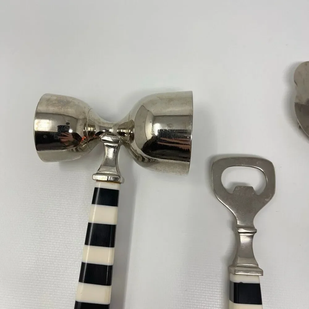 Darren Ransdell Set of 3 Metal Bar Tools Black White Stripe Plastic Handles